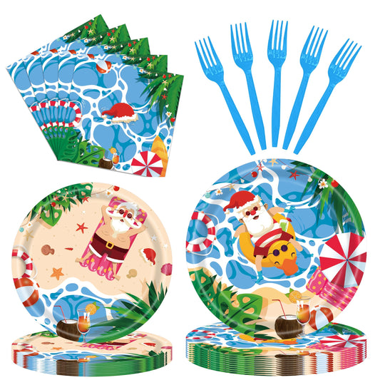 96 Pieces Christmas July Disposable Tableware Set - Tropical Beach Santa Party Supplies with Paper Plates, Napkins, Forks for Holiday Celebrations, Hawaiian Summer Christmas, and Pool Party Decor