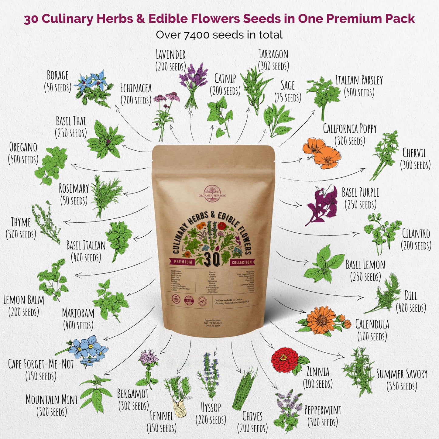 Organo Republic 30 Culinary Herbs & Edible Flower Seeds Variety Pack- Indoor/Outdoor. 7400+ Non-GMO Heirloom Flower Seeds: Basil, Borage, Echinacea, Lavender, Oregano, Rosemary Seeds & More