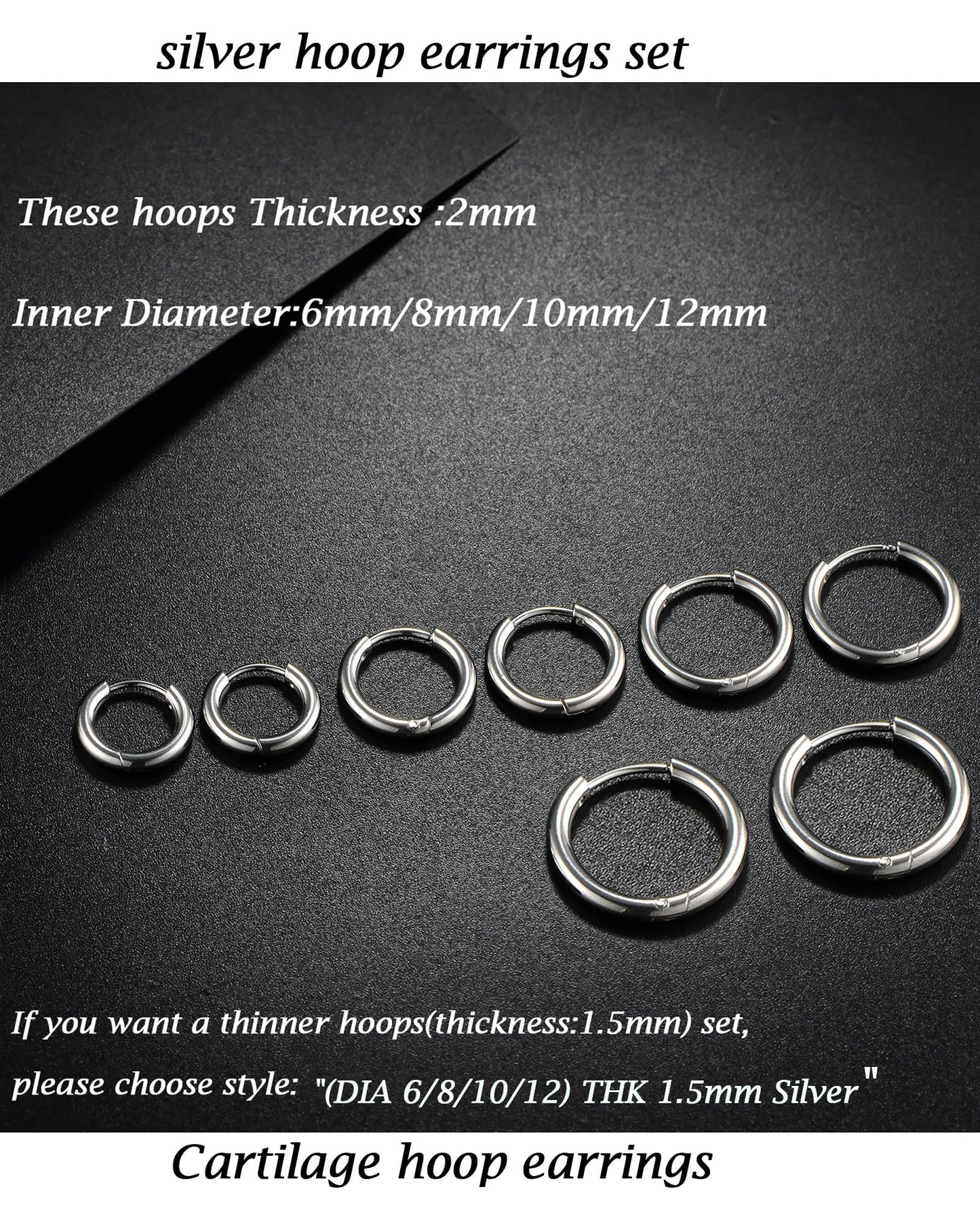 Gabry&jwl 316L Surgical Stainless Steel Hoop Earrings - 6mm, 8mm, 10mm, 12mm Silver Huggie Earrings - Hypoallergenic Cartilage Hoops for Helix, Lobes