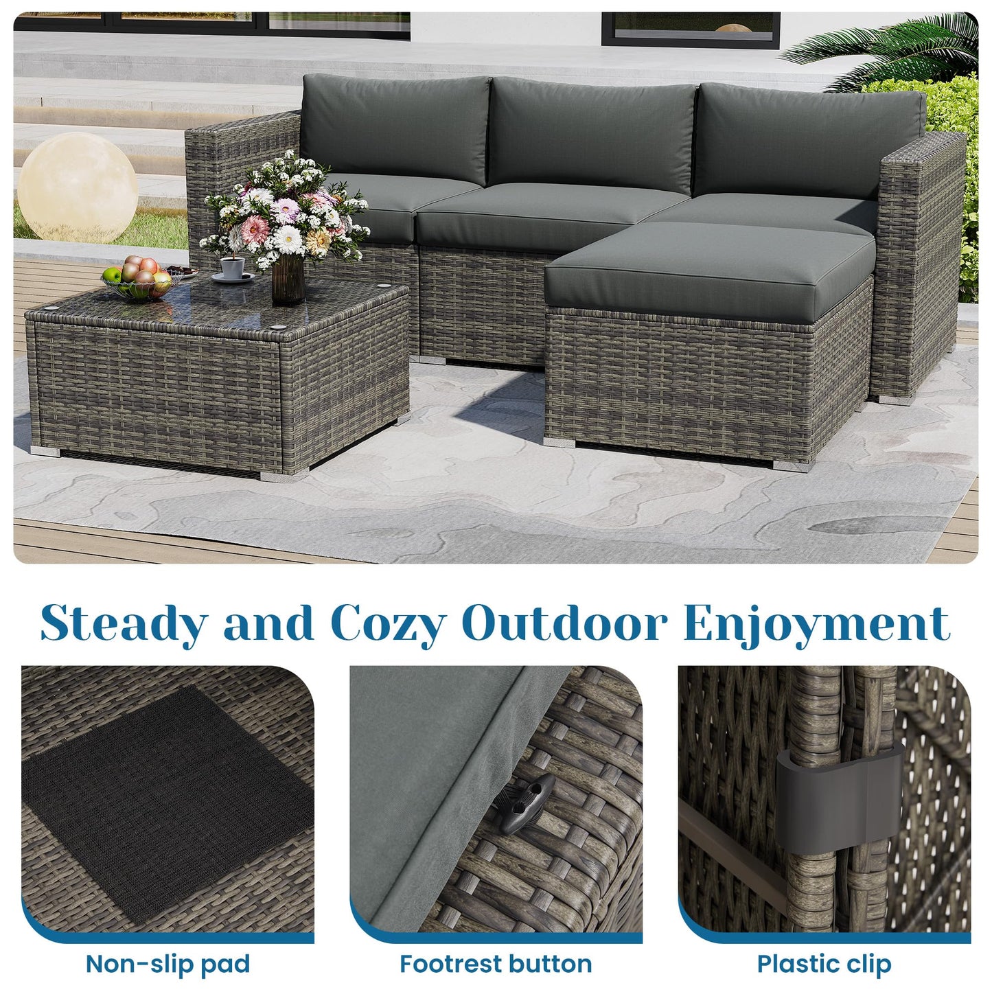 Green4ever 5-Piece Outdoor Patio Furniture Set, All-Weather Wicker Rattan Sectional Sofa with Cushions and Glass Coffee Table, Patio Conversation Set for Backyard, Porch, Garden, Balcony, Grey