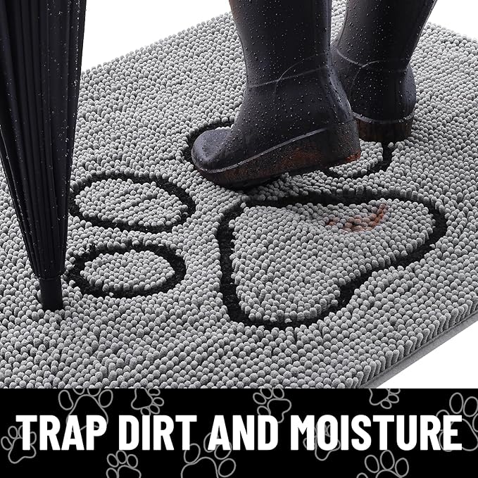 Smiry Dog Door Mat for Muddy Paws, Absorbent Dirt Trapper Non Slip Quick Dry Washable Chenille Mat for Mud Dogs, Entry Rug for Indoor and Outdoor (36x24 Inches, Grey and Black)