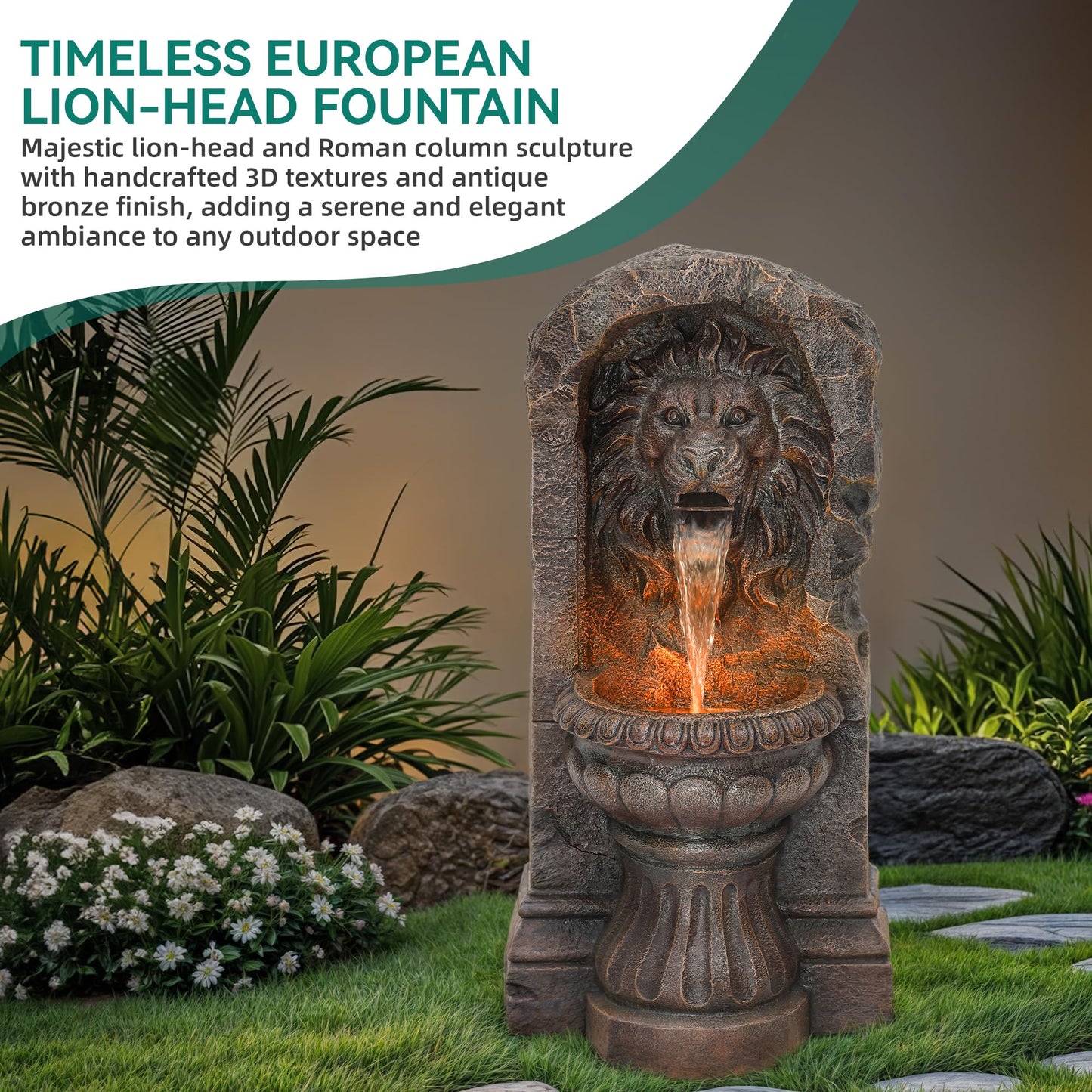 Autodaya 30" Lion Head Outdoor Water Fountain, Rustic Tiered Waterfall Fountain with LED Lights, Weatherproof Resin Freestanding Fountain for Garden, Patio, Yard & Courtyard Decor