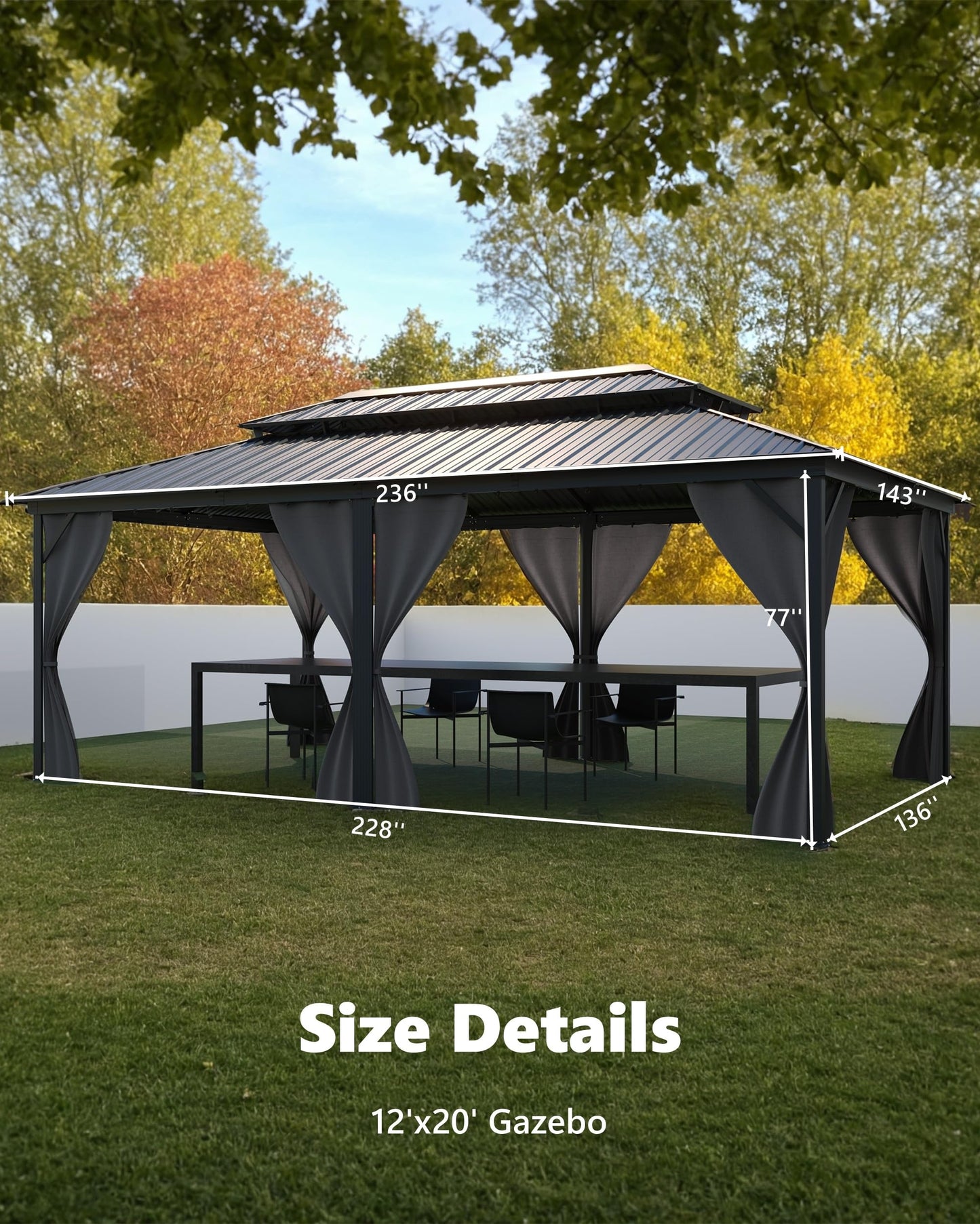 GarveeLife Hardtop Gazebo 12 ft x20 ft for All Weather, with Double Metal Roof, Aluminum Alloy Frame, Net, and Curtain, Permanent Building for Patio, Deck, Backyard, Lawn, and Garden