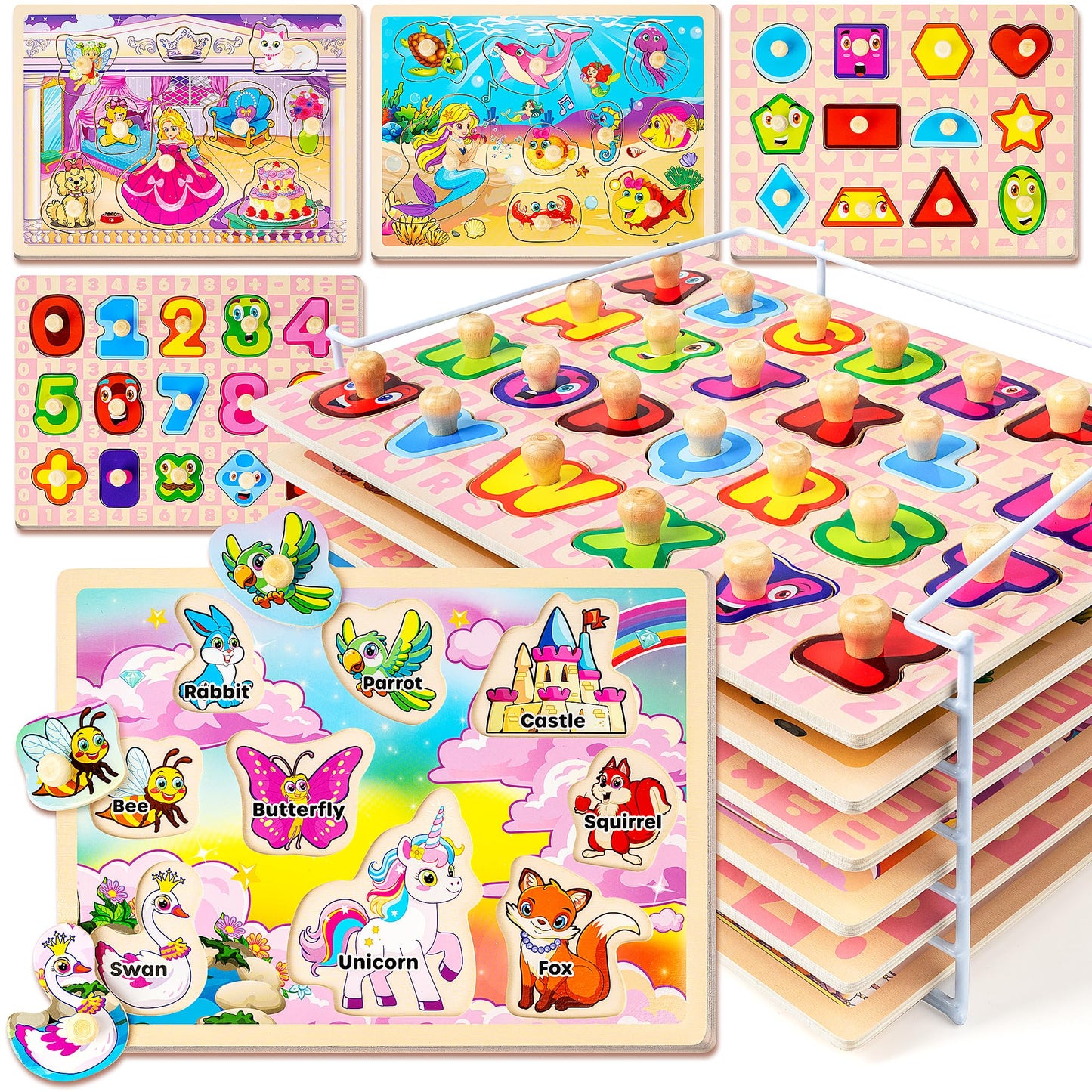 SYNARRY Wooden Puzzles for Toddlers 1-3, 6XSET Toddlers Puzzles Ages 1-3 with Rack, Learning Alphabet Number Shape Unicorn Princess Mermaid Animal, Gifts Toys for Girls Ages 2-4