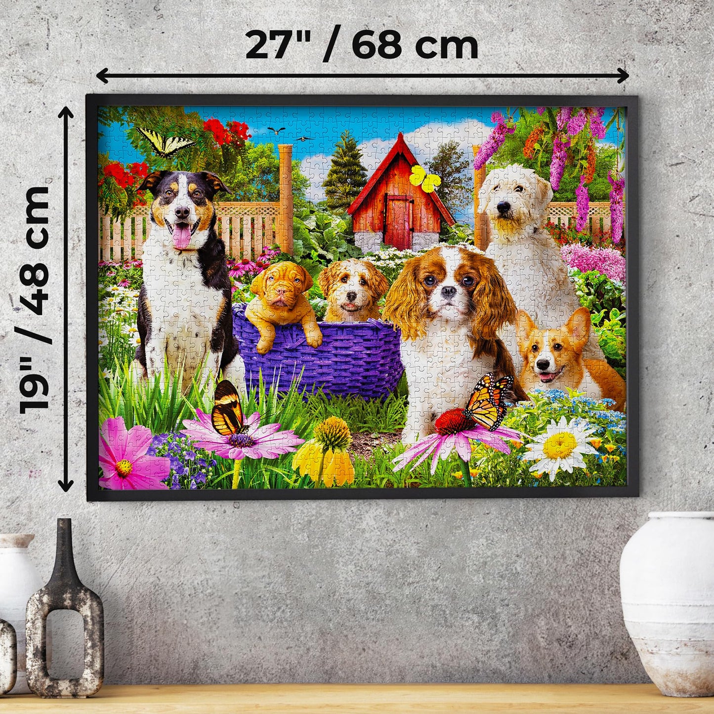 1000 Piece Jigsaw Puzzle for Adults - Colorful Dogs & Puppies in Flower Garden, Matte Anti-Glare, Unique-Shape Pieces, Sturdy 2mm Board, 27x19 in Gift for Women | Enjoy Complete-Set Guarantee