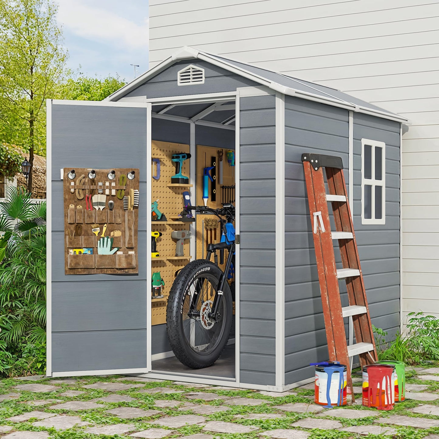 Gizoon 6x4 FT Outdoor Storage Shed with Floor, Resin Garden Tool Shed with Lockable Doors, Window, Vents, Reinforced Steel Frame, Waterproof Plastic Storage Sheds for Backyard, Patio, Lawn