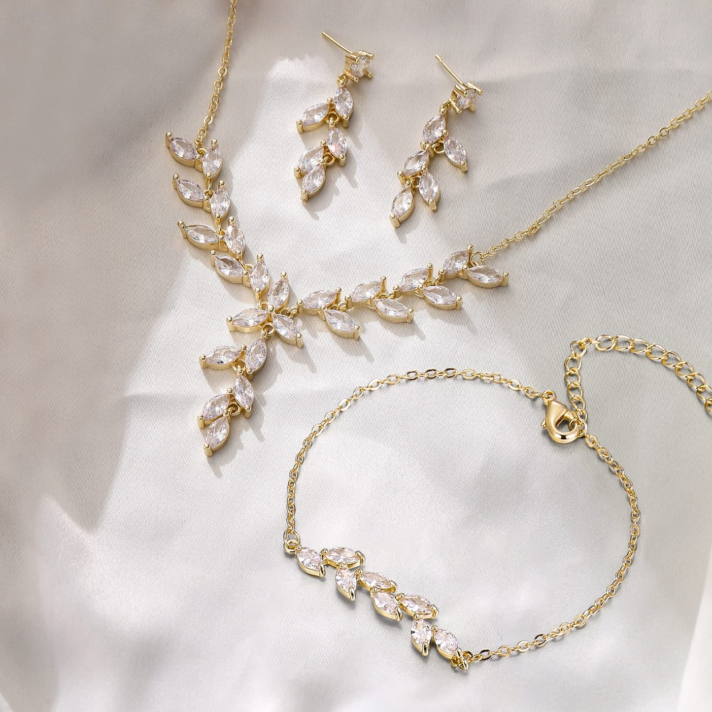 EVER FAITH Wedding Cubic Zirconia Jewelry Sets for Bride Bridesmaid, Sparkly Marquise Leaf Necklace Dangle Earrings Bracelet Set for Woman Clear Gold-Plated-Brass