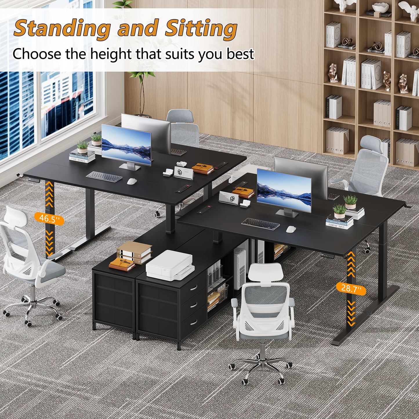 Gacfiew L Shaped Electric Standing Desk with Drawers & Shelves, Height Adjustable Corner Computer Desk with Power Outlets, 55 Inch Sit Stand Executive Desk with Storage for Home Office, Black