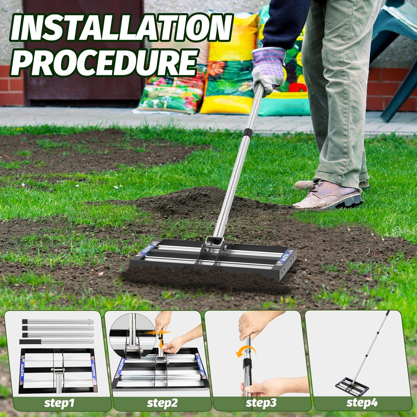 Updated Lawn Leveling Rake 17"x10", Lawn Leveler with Aluminum Rollers, Yard Leveling Rake Stainless Steel with 27-80" Adjustable Handle, Heavy-Duty Ground Leveler Suit for Garden, Golf Lawn, Farm