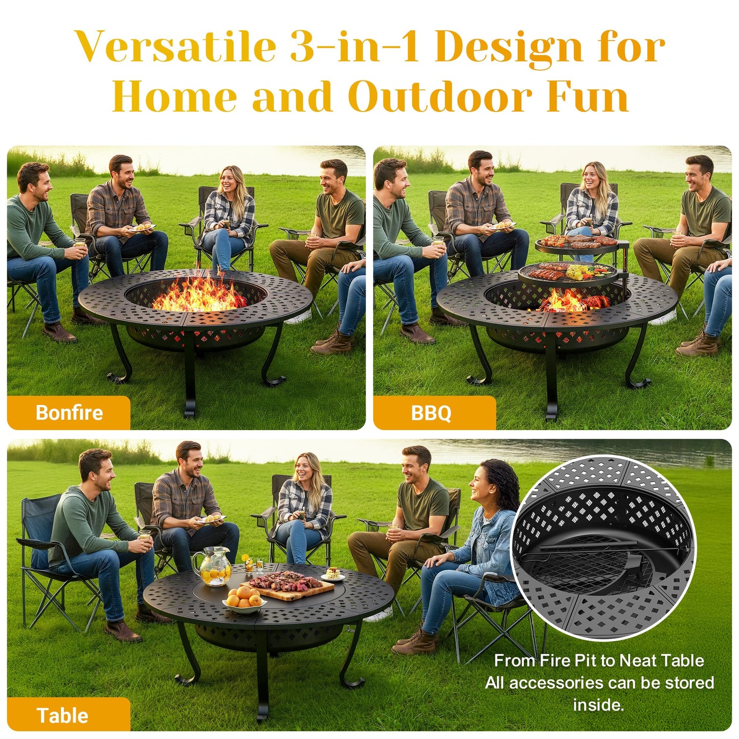 Outdoor Fire Pit, 43" Fire Pit for Outside Wood Burning with Adjustable 2 Grills, Outdoor Fireplace with Lid and Fire Poker, BBQ, Bonfire, Round Firepit 3 in 1 for Patio, Backyard, Garden, Black