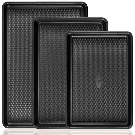 Cookie Sheets for Baking Nonstick - HONGBAKE Baking Sheet Pan Set of 3, Half/Quarter/Jelly Roll Pan for Oven with Diamond Texture Pattern, 57% Thicker Carbon Steel Cookie Trays, Dark Grey