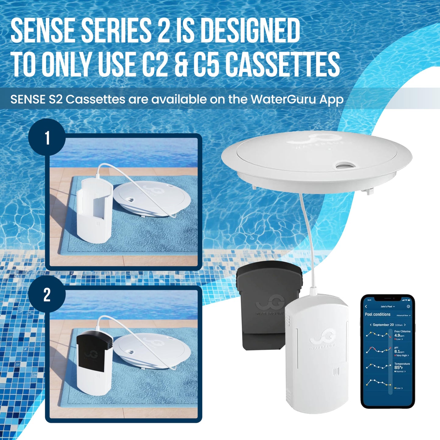 WaterGuru Sense S2 Smart Pool Monitor – Digital Pool & Spa Water Tester for Chlorine, pH, CYA & Alkalinity – Wi-Fi Enabled – Includes C5 Cassette, Float Ring & Batteries