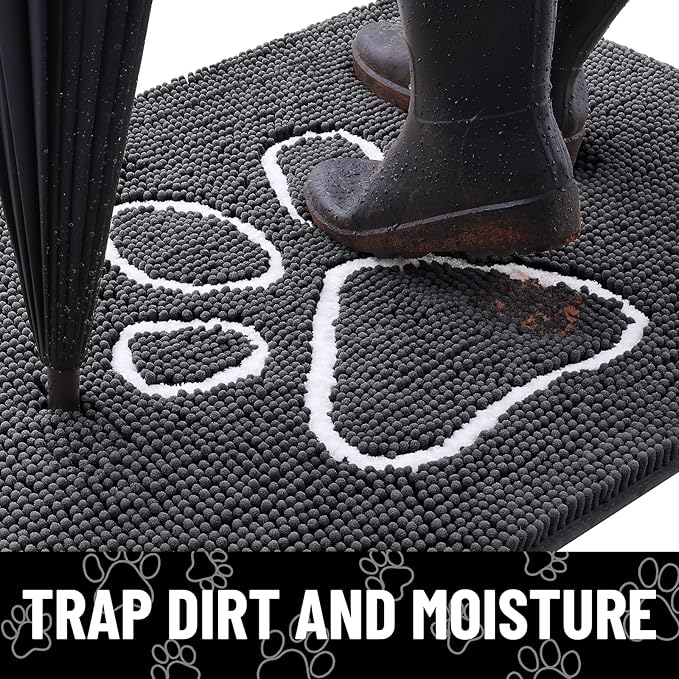 Smiry Dog Door Mat for Muddy Paws, Absorbent Dirt Trapper Non Slip Quick Dry Washable Chenille Mat for Mud Dogs, Entry Rug for Indoor and Outdoor (30x20 Inches, Dark Grey and White)