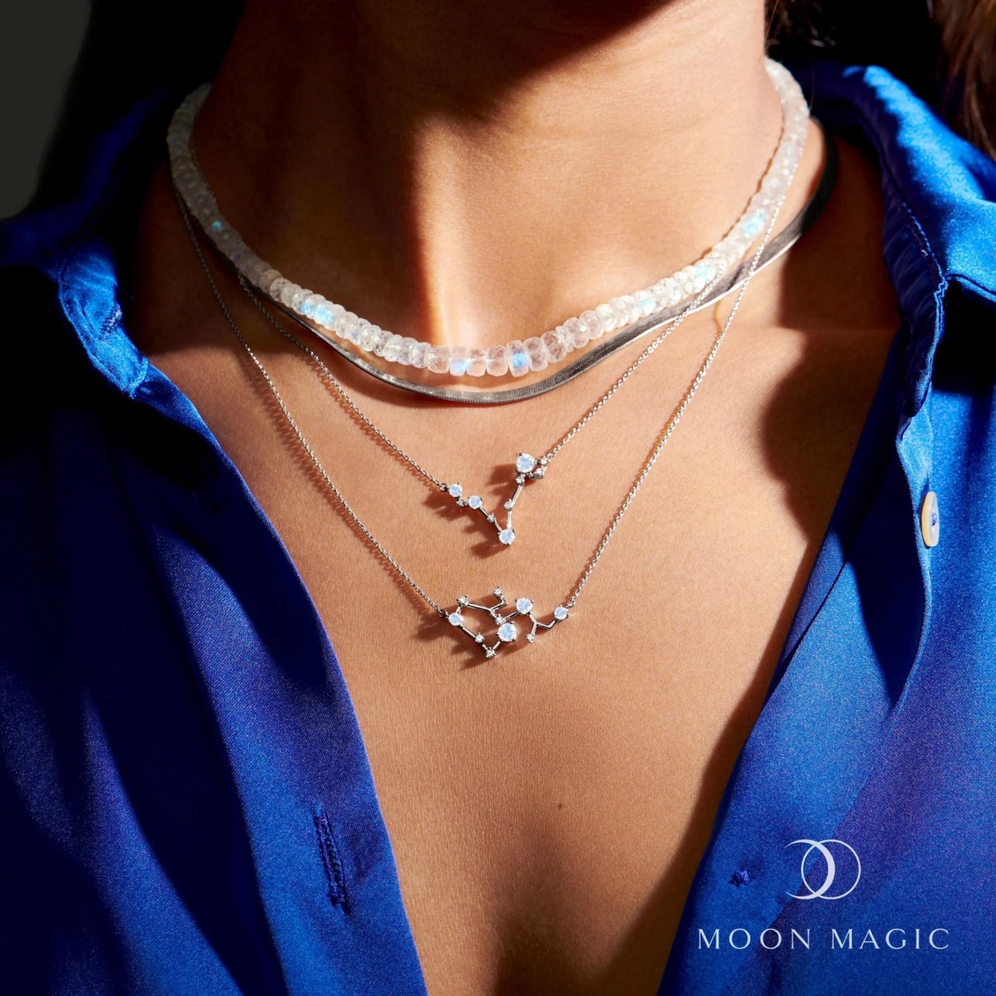 Moon Magic Moonstone Necklace - Sagittarius Zodiac Constellation / 925 Sterling Silver - 18k Rose Gold - Yellow Gold Rainbow Moonstone Necklaces for Women/Authentic Rainbow Crystal Jewelry