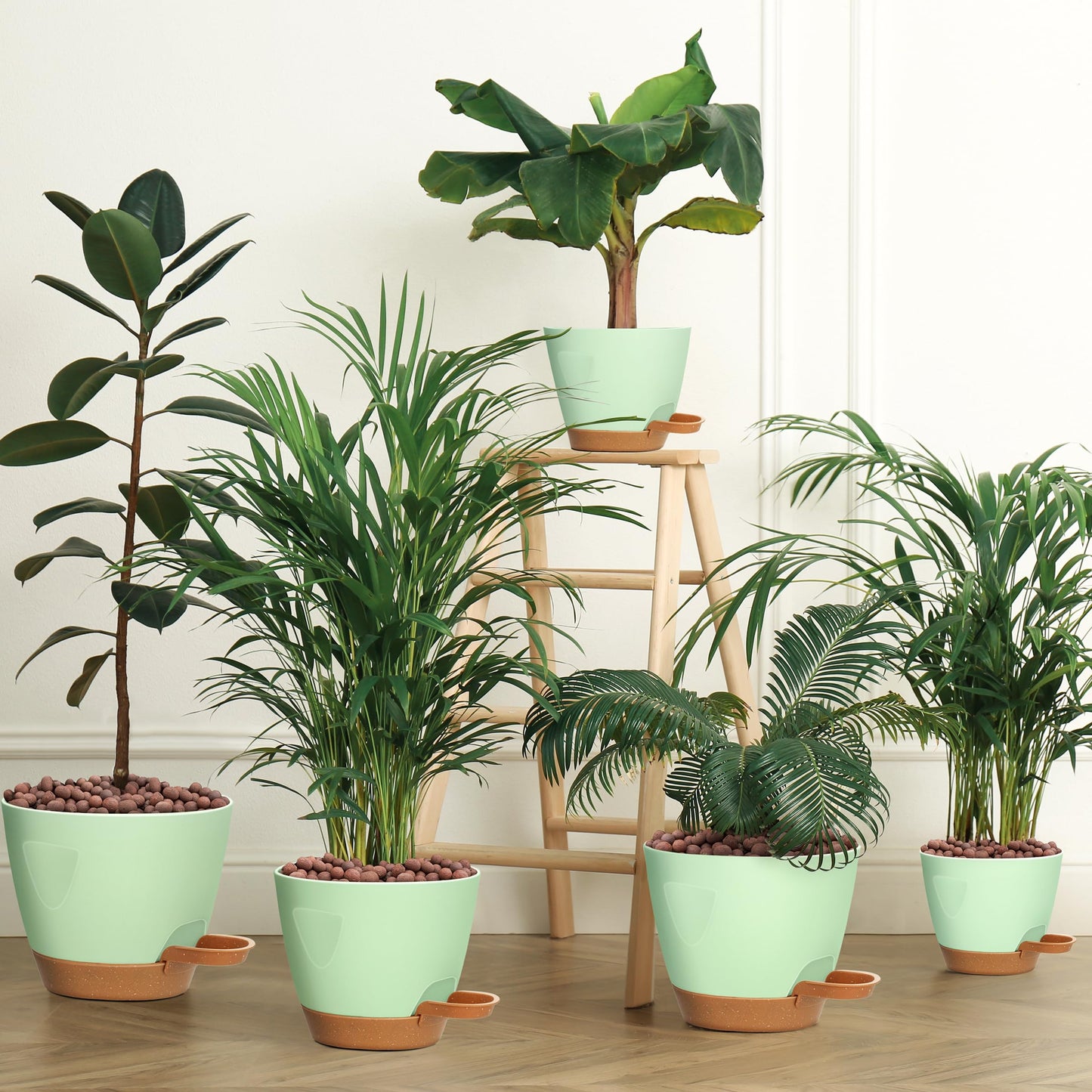 5-Pack Plant Pots with Drainage 7/6.5/6/5.5/5 Inch Self Watering Pots for Indoor Outdoor Plants, Plastic Flower Pots with Drainage Holes and Removable Saucers, Plant Pots with Wicking Rope (Green)