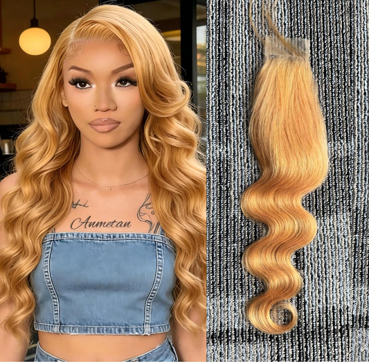 2x6 HD Lace Honey Blonde Closure 100% Human Hair Body Wave 150% Density Deep Parting KIM K #27 Color Lace Closure Middle Part Pre-Plucked 10 Inch