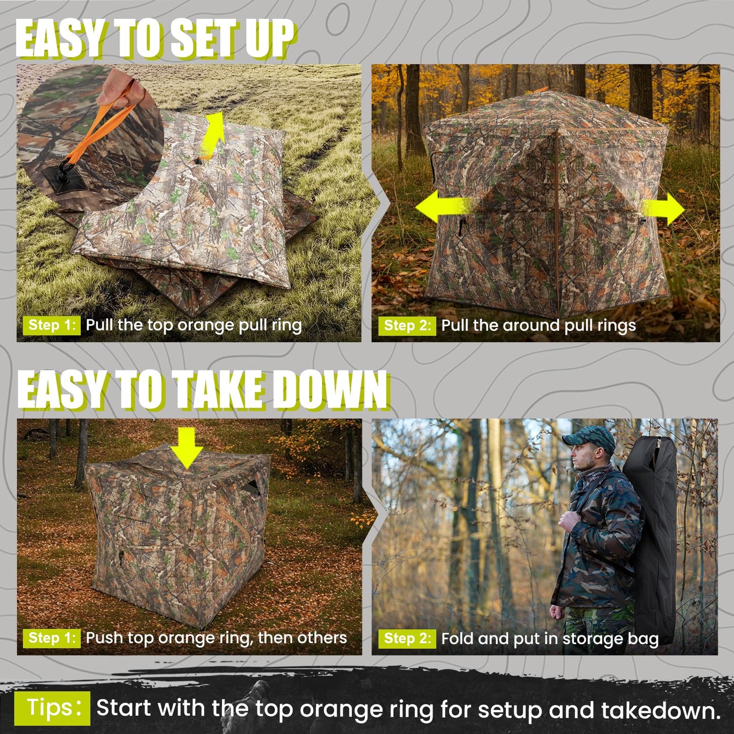 HUNTSEN 360 Degree See Through Hunting Blind with Double Open Door - Lightweight Soft Material Portable Pop Up Ground Blind - 2-3 Person Concealed Camouflage Tent with Carrying Bag for Deer & Turkey
