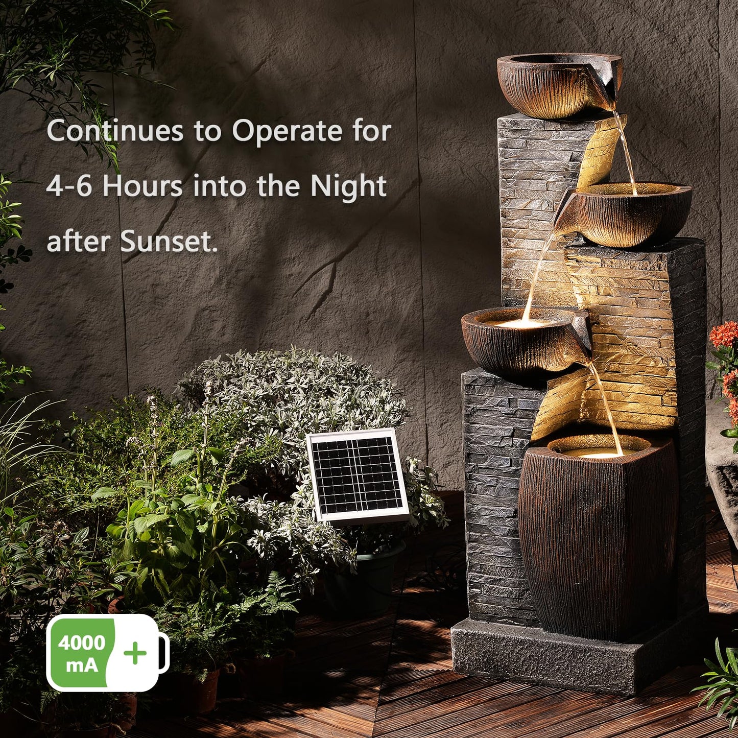 KAISOKU Solar Water Fountain Outdoor Garden, 38.2" Tall Stone Texture Modern Outdoor Fountain with 4 Tiers Cascading Bowls and Pump Solar Panel for Patio, Deck, Porch, Backyard Home Decor