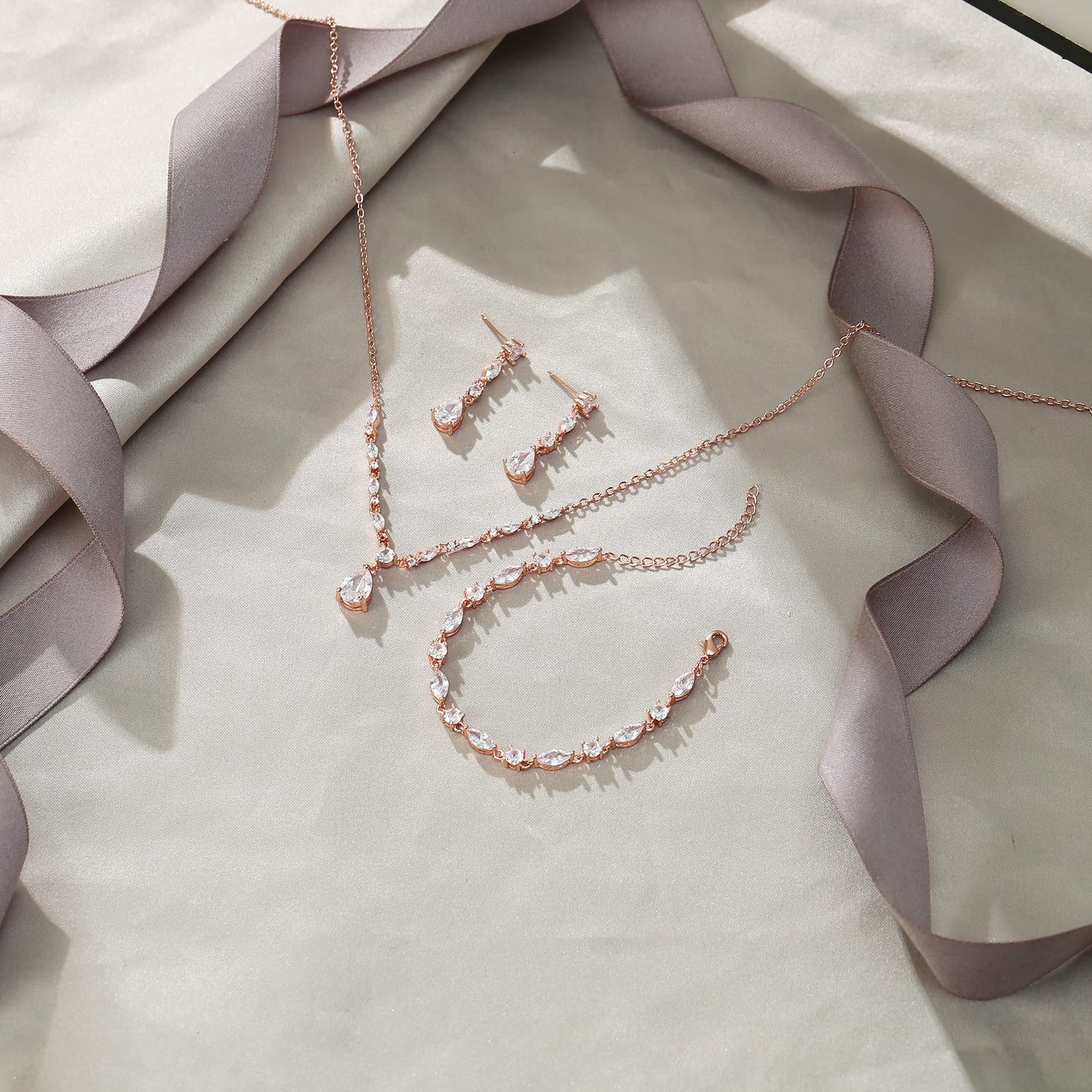 EVER FAITH Bridal Jewelry Sets for Bride Bridesmaid, Sparkly Cubic Zirconia Teardrop Pendant Necklace Dangle Earrings Bracelet Set for Women Clear Rose Gold-Plated-Brass