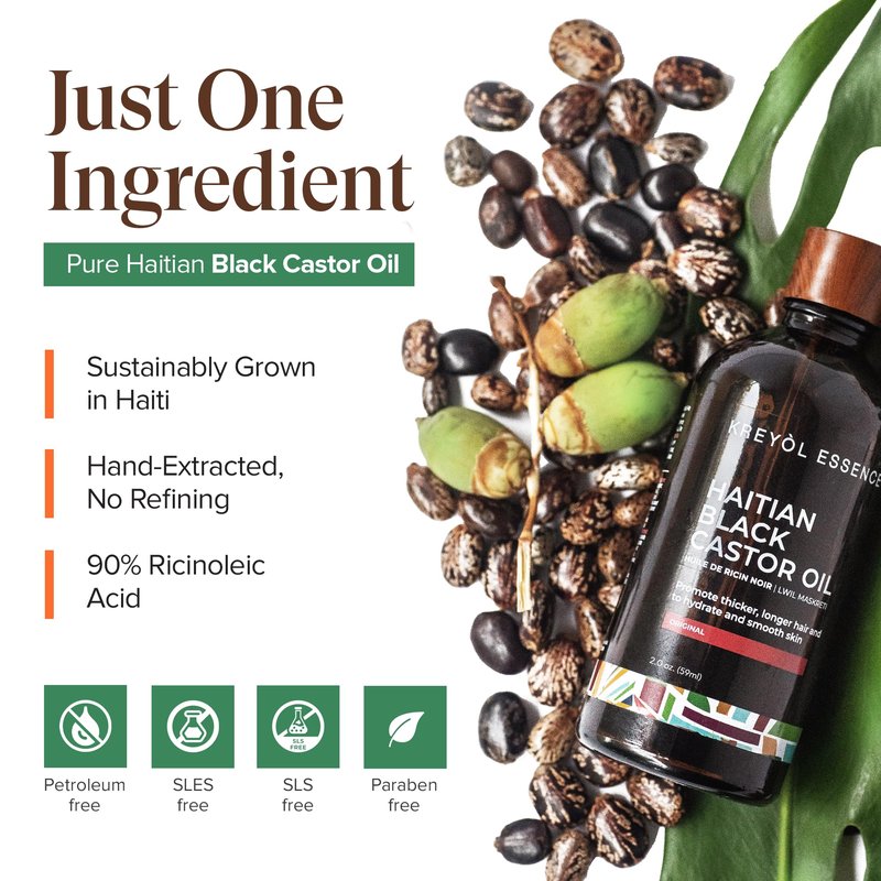 Kreyol Essence - Haitian Black Castor Oil for Skin and Hair, Glass Bottle - Cold Pressed, Hexane Free, Fuller-Looking Hair, Natural Humectant, Mango Papaya & Coconut, 3.4 Fl Oz
