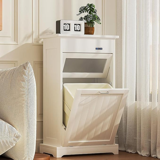 VECELO Tilt Out Trash Can Cabinet, Dog Proof Recycling Garbage Bin with Negative Ion and Deodorizing Function, Spacious Wood Top, Dual-Opening Designs, for Kitchen/Bedroom/Laundry, White