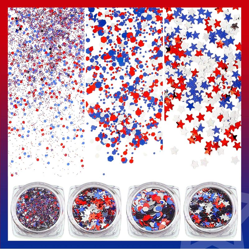 12 Boxes 4th of July Nail Glitter Independence Day 250th Anniversary Patriotic Nail Art Star Sequins Holographic Red Blue Silver Mixed Sparkly Sequins for Women Girls Decoration