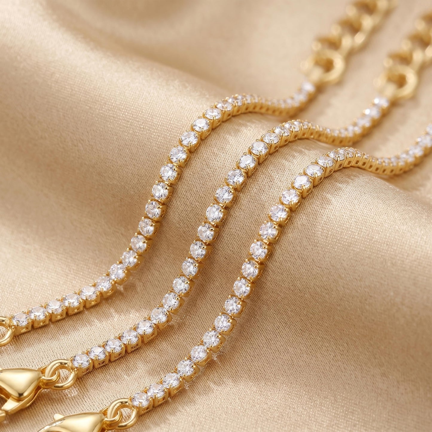 Dainty 2mm Gold Tennis Bracelet Set for Women, 14K Gold Plated Triple Stackable Zirconia Bracelets, Minimalist Professional Jewelry for Business Casual Office Wear, 3-Piece Sparkle Wrist Set