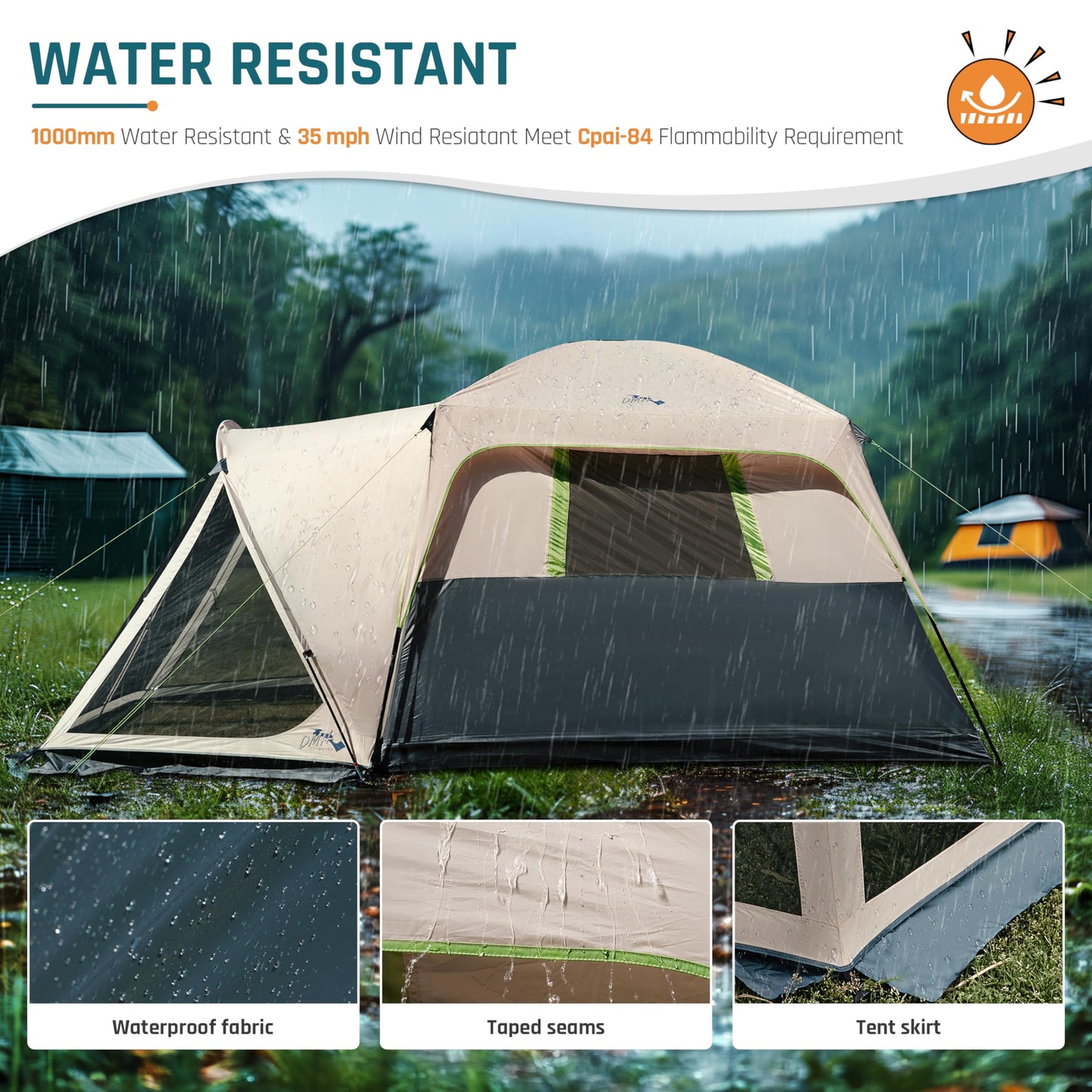 Tents for Camping 6 Person Camping Tent with Screen Porch, Weatherproof Large Cabin Tent with Rainfly and Carry Bag, Family Tent for Outdoor Camping and Backyard, Beige
