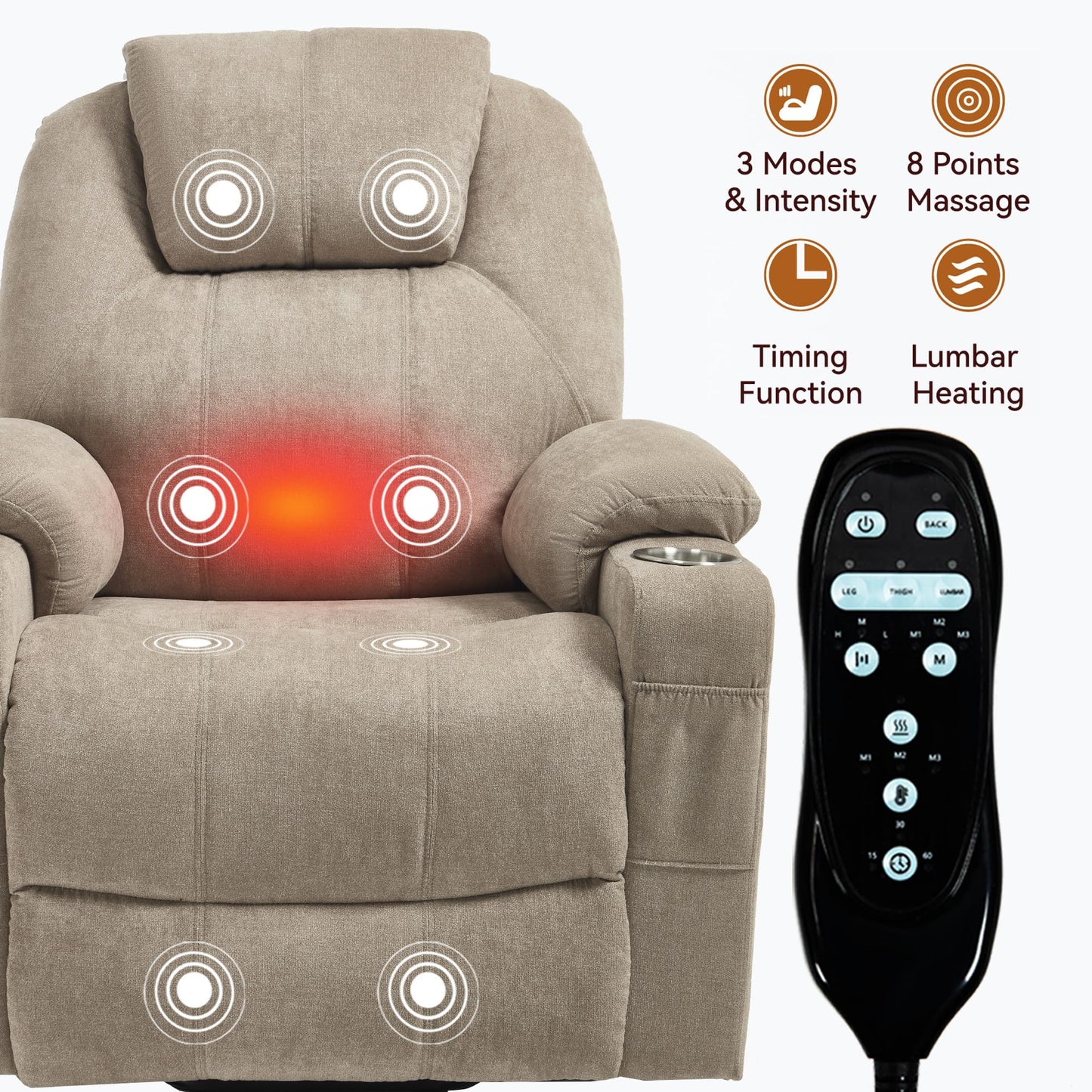 KEIKI Power Lift Recliner Chair with Massage and Heat, Electric Lift Assist, 8 Vibration Modes, Lumbar Heat Therapy, for Senior Living Room, Home Theater, Brown Polyester