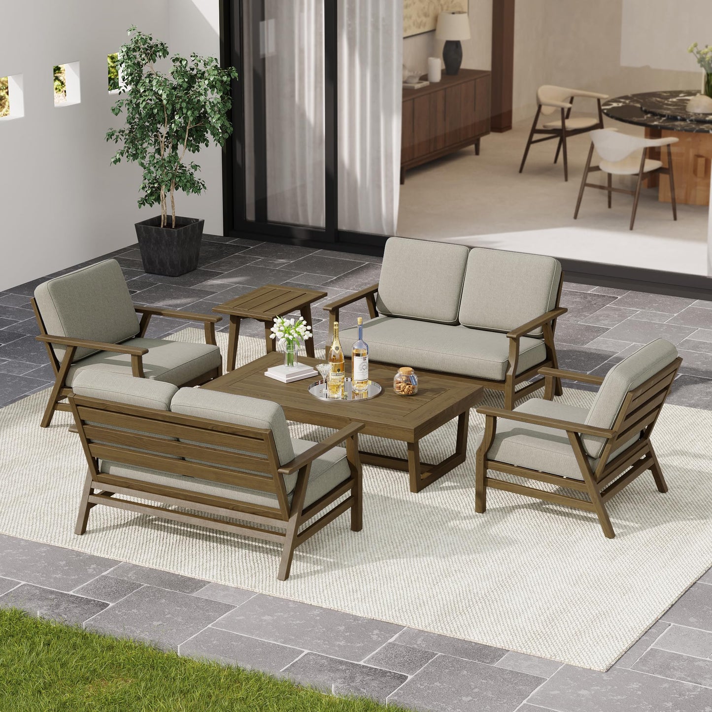 UIXE 6 Pieces Outdoor Patio Furniture, Wood Outdoor Sectional Furniture Patio Sofa Conversation Sets with Bistro Chairs, Coffee Table - Light Camel