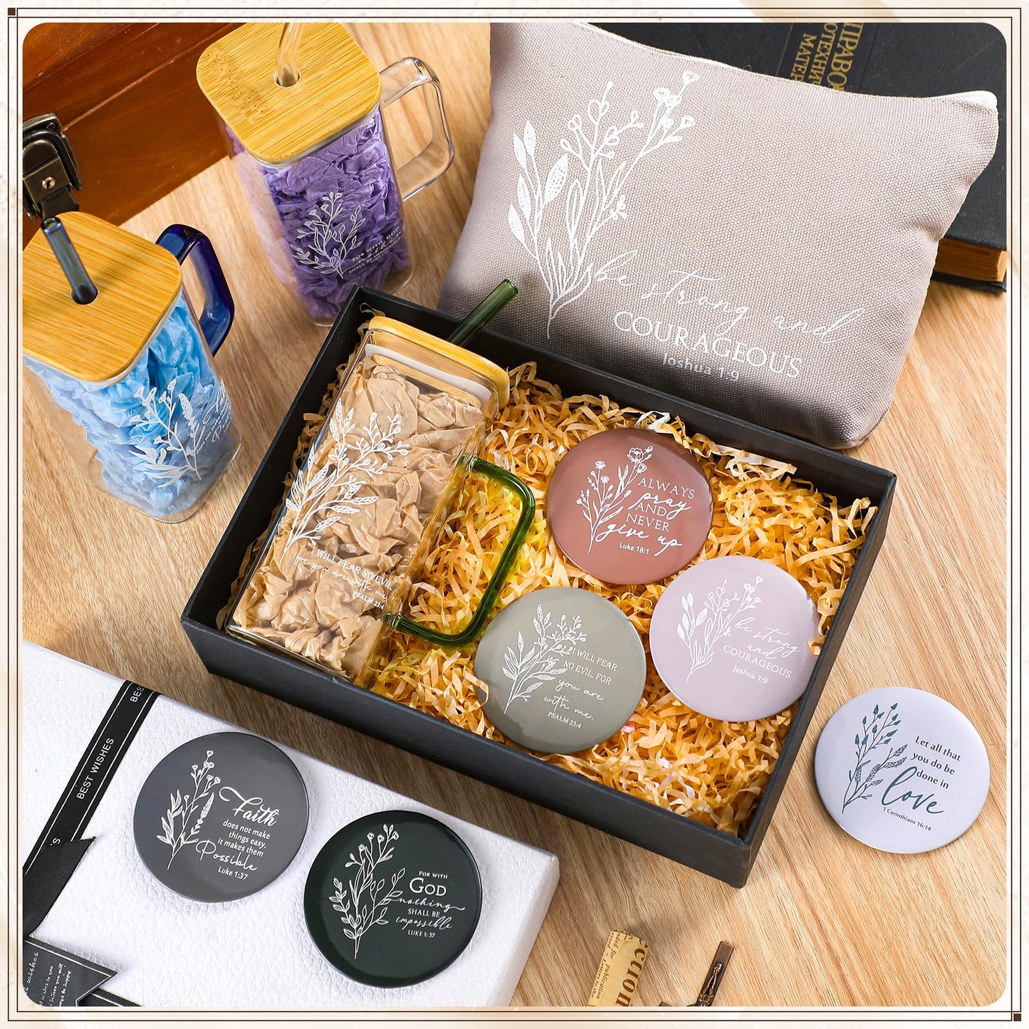Fumete 6 Sets Christian Appreciation Gift for Women Bible Verse Flower Makeup Bag Gifts Religious Coffee Cup with Handle Bamboo Lid Straw Mini Compact Mirrors for Mothers Day Church Coworker