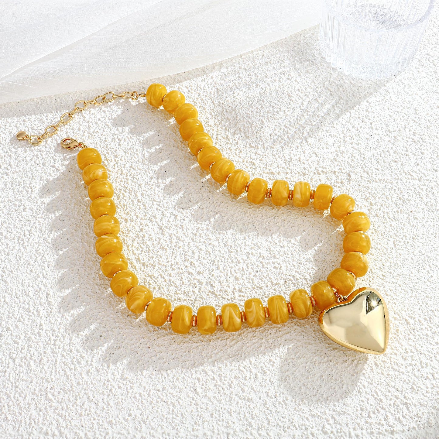 ENSKEFEN Gold Heart Necklaces for Women Trendy Yellow Resin Acrylic Beaded Necklace Bohemia Bold Statement Necklace Jewelry