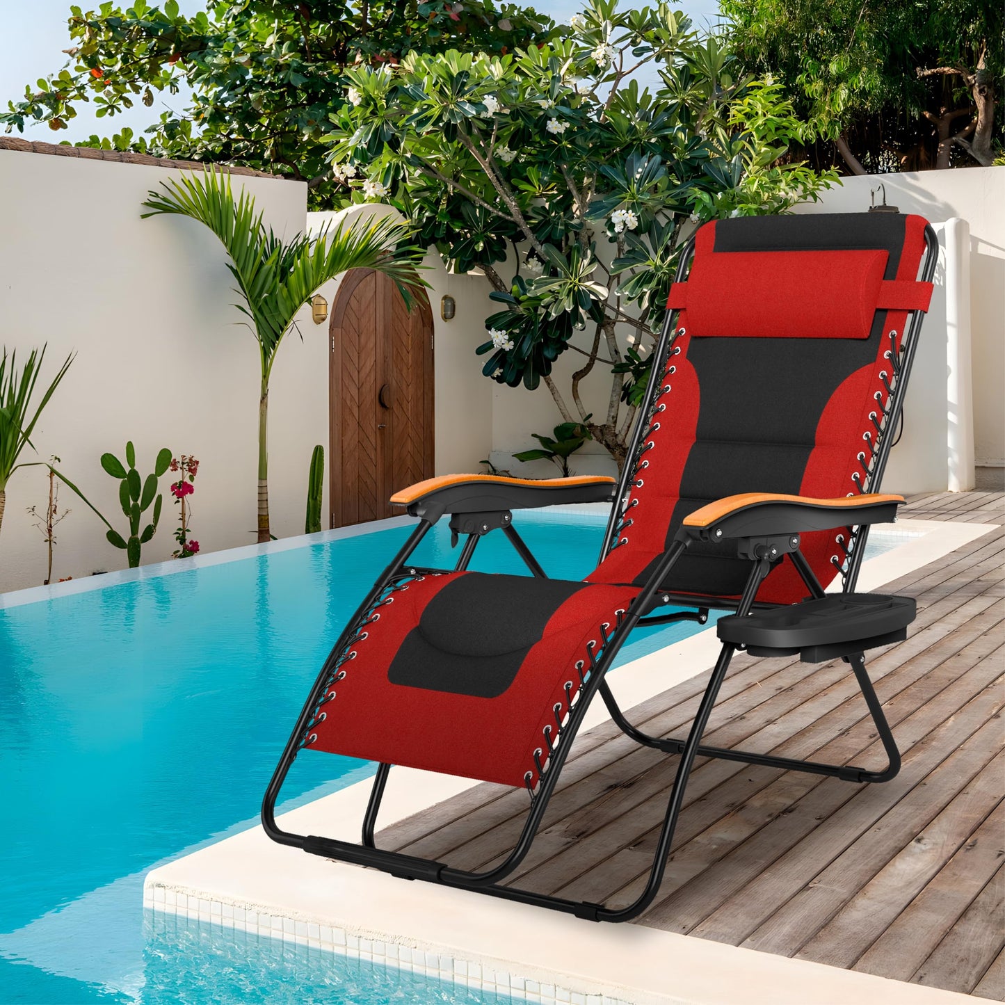 Sophia & William Oversized XXL Zero Gravity Chair Set of 2, Padded Adjustable Folding Reclining Lounge Chair Outdoor Gravity Chair with Wide Armrest and Cup Holder, Support 400 LBS, Red