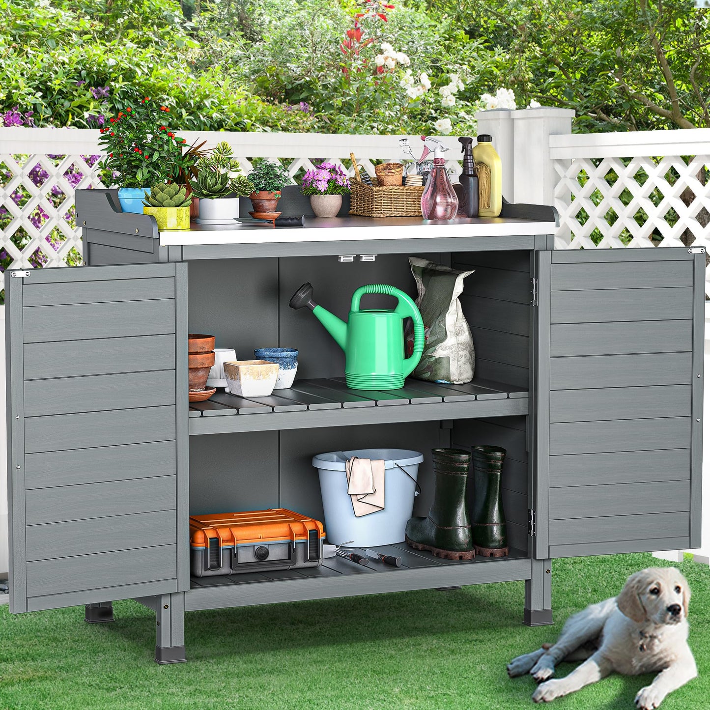 YITAHOME Outdoor Garden Potting Bench with Storage Cabinet, Metal Tabletop & Removable Shelf, Wooden Planting Workstation for Patio, Garden, Yard (Grey)