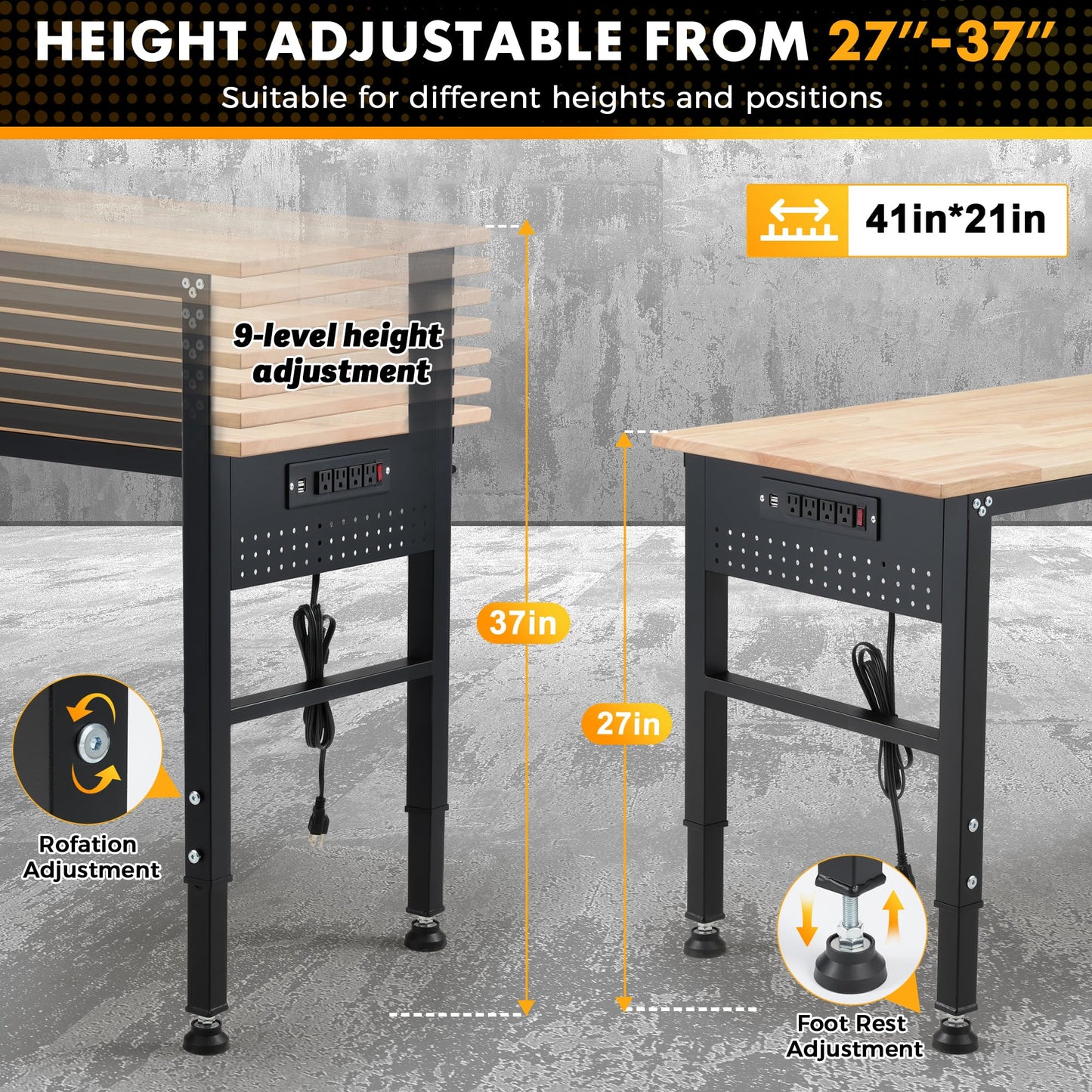 41" Adjustable Workbench with Rubberwood Top & Power Outlet,Large 41x21In 9-Level Height Range 27"-37", 2000 LBS Heavy Duty Capacity for Workshop, Office, Garage, Home