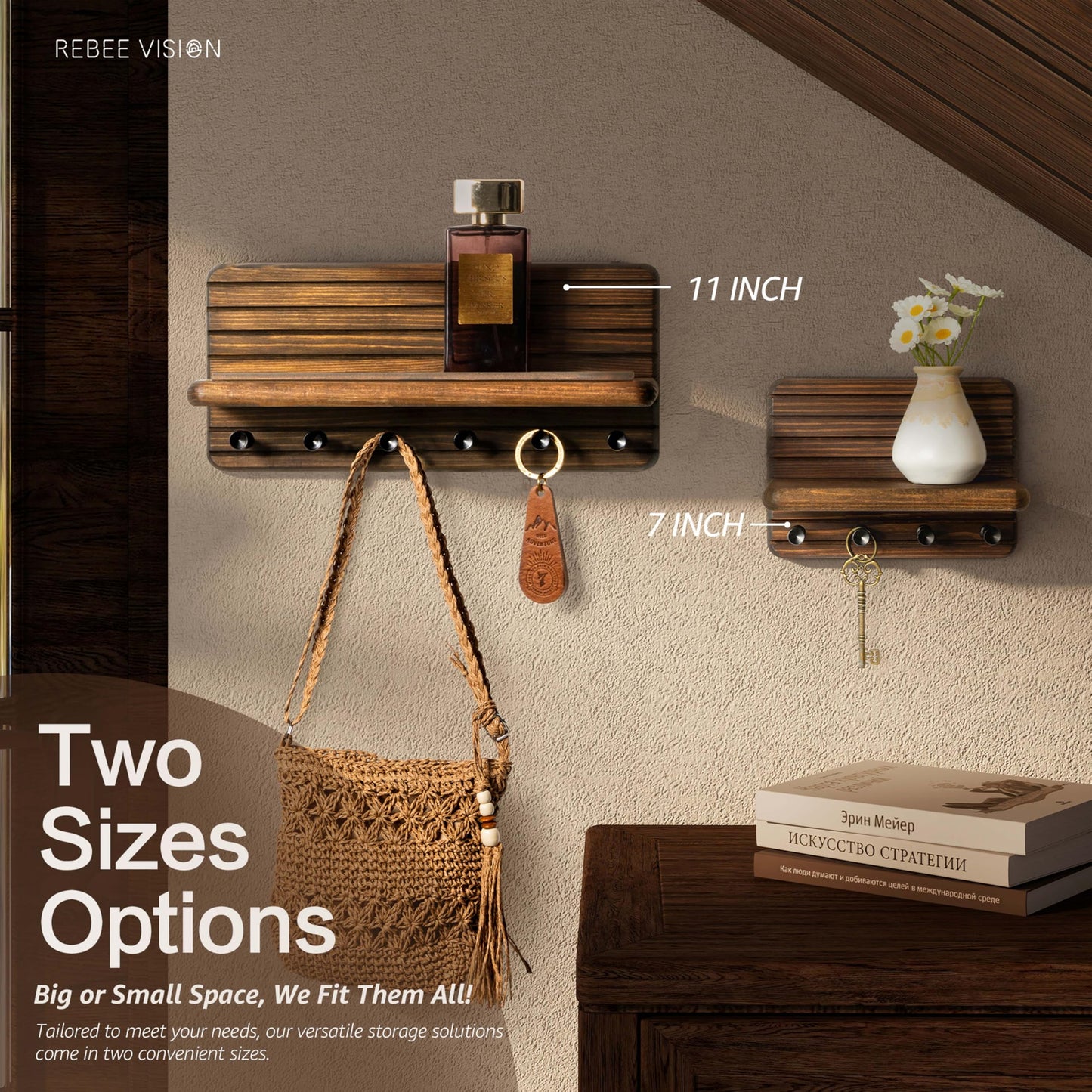 Rebee Vision Farmhouse Key Holder Wall Mount for Home Decor – Decorative Pine Wooden Key Holder for Wall with 6 Hooks & Floating Shelf - Rustic Charm for Room Decor Aesthetic (Brown)