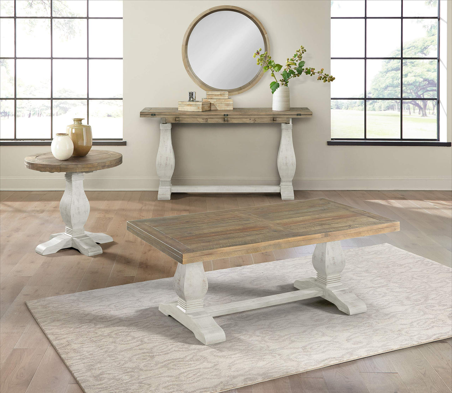 Napa Solid Wood Farmhouse Rustic Reclaimed Natural and White Stain Round End Side Accent Living Room Table, Nightstand Bedside 26" W x 26" D x 25" H