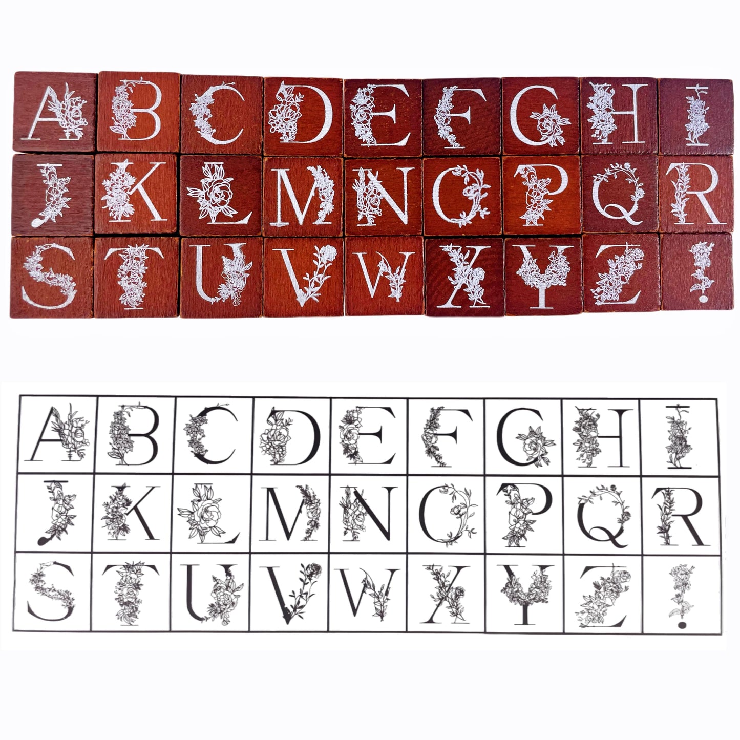 Letter Stamps,Wooden Rubber Stamps Set,Wooden Rubber Art Stamps–26pcs A-Z Alphabet & Floral Patterns for Crafting, Beech Wood and Rubber Stamps