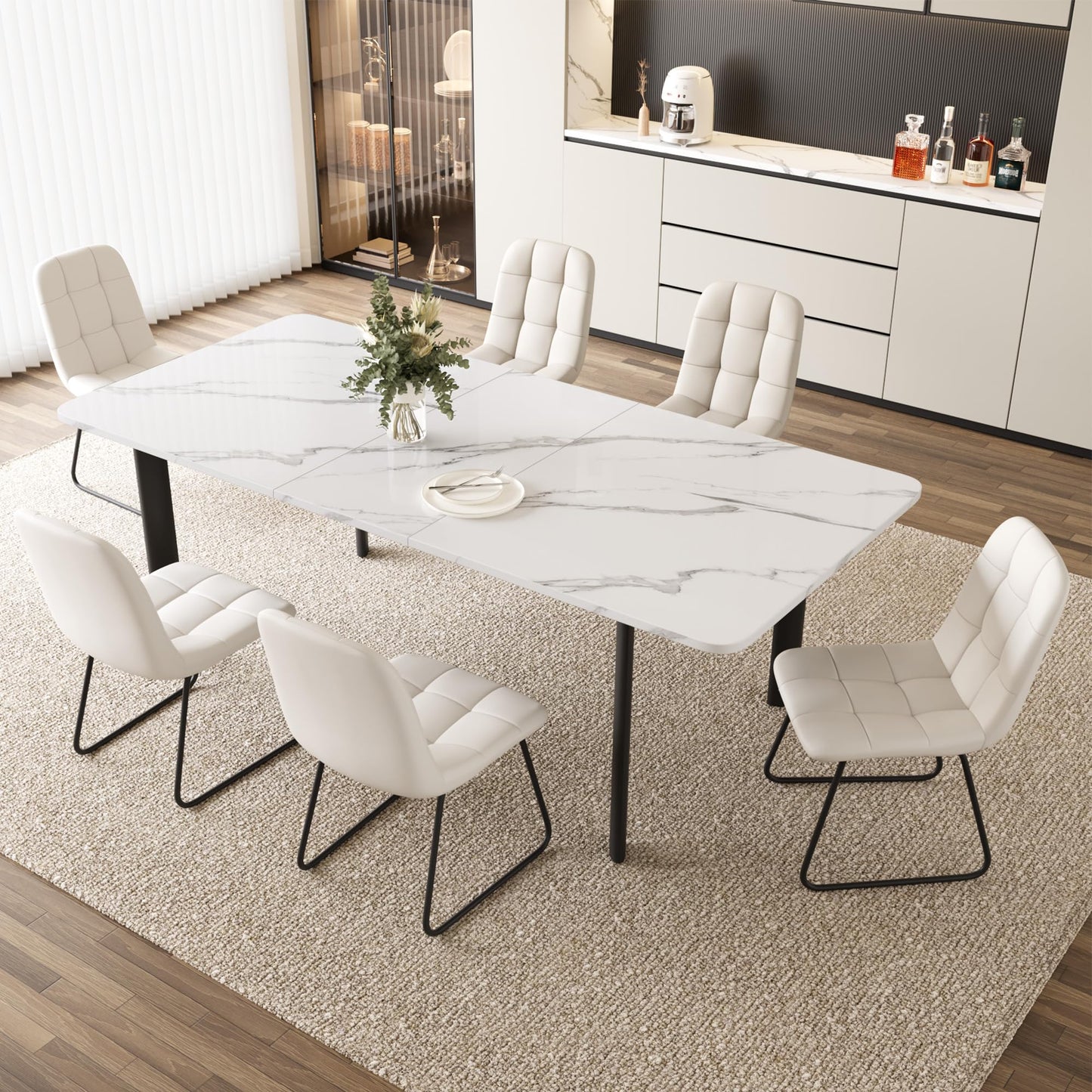 HIPIHOM Extendable Dining Table Set for 6-8 People, 63 to 78.7 Inch MDF Kitchen Table with 6 Upholstered Chairs, Space-Saving for Dining Room, Breakfast Nook(White Table & 6 U-Shaped White Chairs)