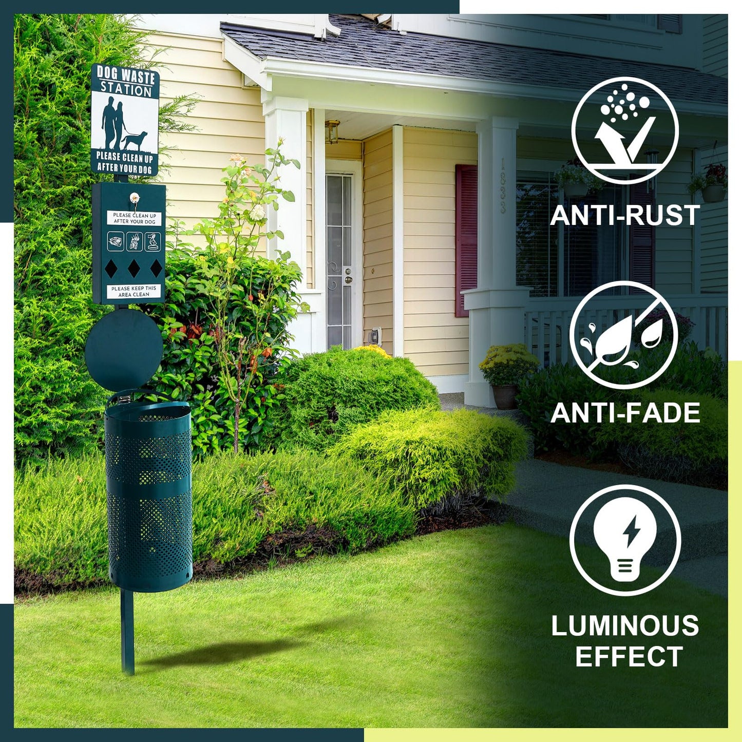 Qinyoung Dog Waste Station Galvanized Steel Outdoor Pet Bin with Poop Bag Dispenser Reflective Sign Rust Proof for Backyard Commercial Park(Green)