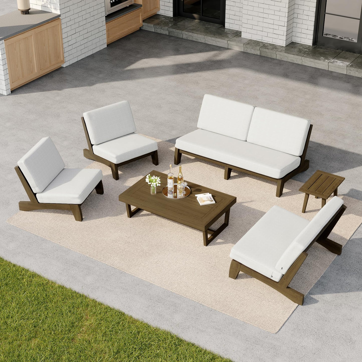 Pia Ricoo 6-Piece Patio Furniture Set, Outdoor Wood Sofa with Loveseat, 2 Chairs, Coffee Table & Side Table, All-Weather Conversation Set for Backyard/Deck/Lawn - Beige