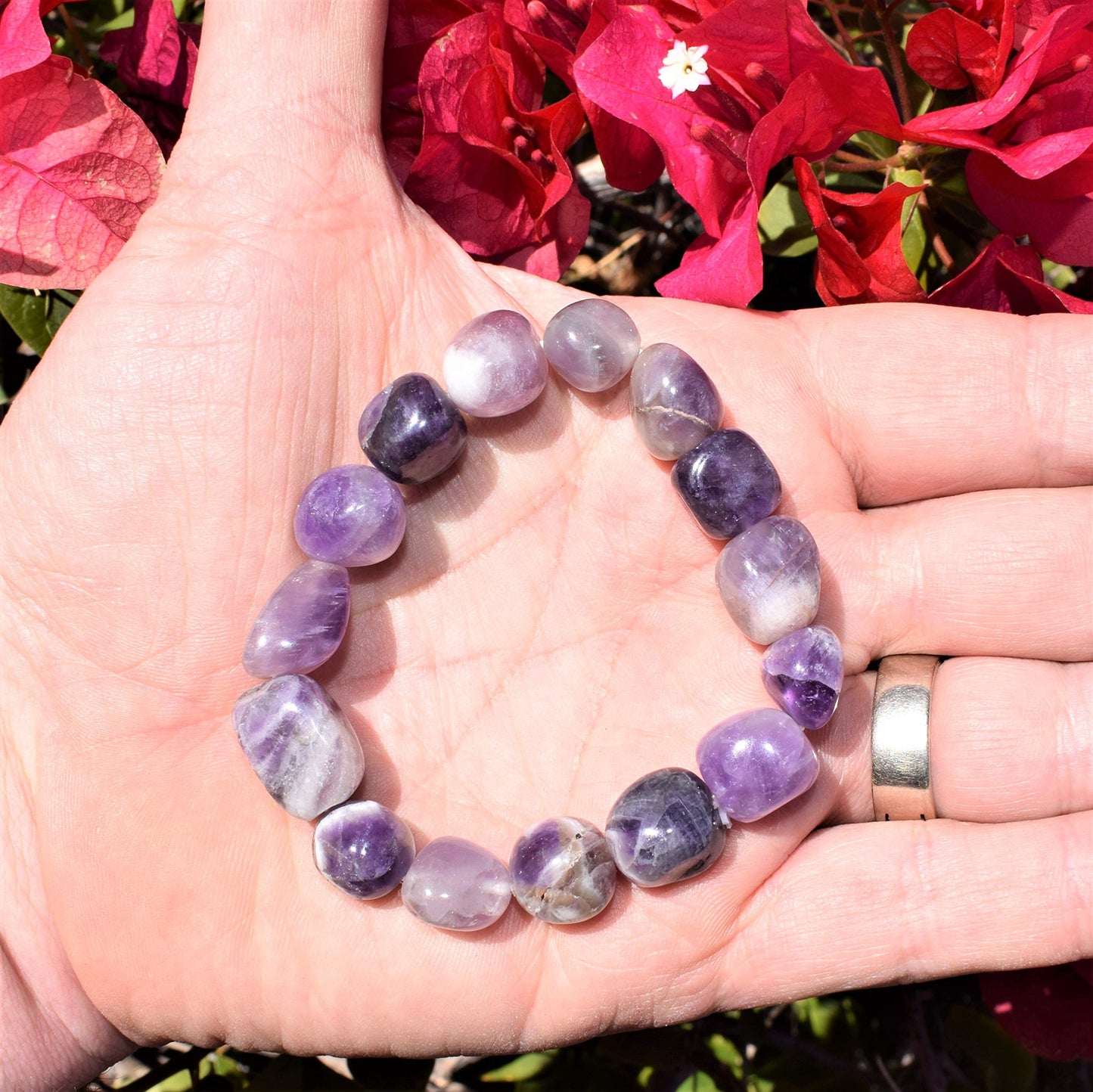Zenergy Gems CHARGED 6.5" Amethyst Crystal Bracelet Tumble Polished Stretchy + Selenite Heart Charging Crystal (OPEN & HEAL THE HEART CHAKRA - SOOTHE HURT, LONELINESS & ANXIETY)