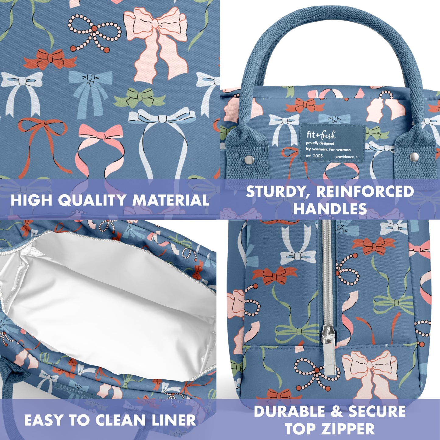 Fit & Fresh Bloomington Lunch Bag for Women - Insulated Large Lunch Box for Work with Containers, Leak-Resistant, Stain-Resistant, Zipper Closure, Denim Bows