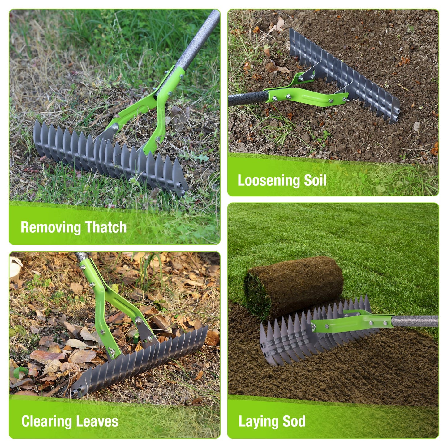 WORKPRO Thatch Rake, 15-Inch Thatching Rake for Lawns, Heavy Duty Dethatcher Rakes with 5FT Handle, Dethatching Rakes with Adjustable Head for Removing Dead Grass and Clippings, Loosening Soil