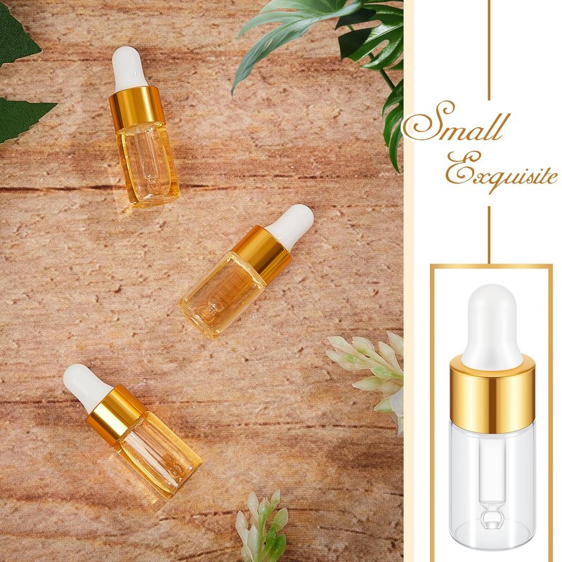 Didaey Mini Glass Oil Dropper Bottle Bulk, Clear Essential Small Empty Bottles Sample Containers Perfume Liquid Vials with Cap for Traveling(3 ml,Gold,200 Pcs)