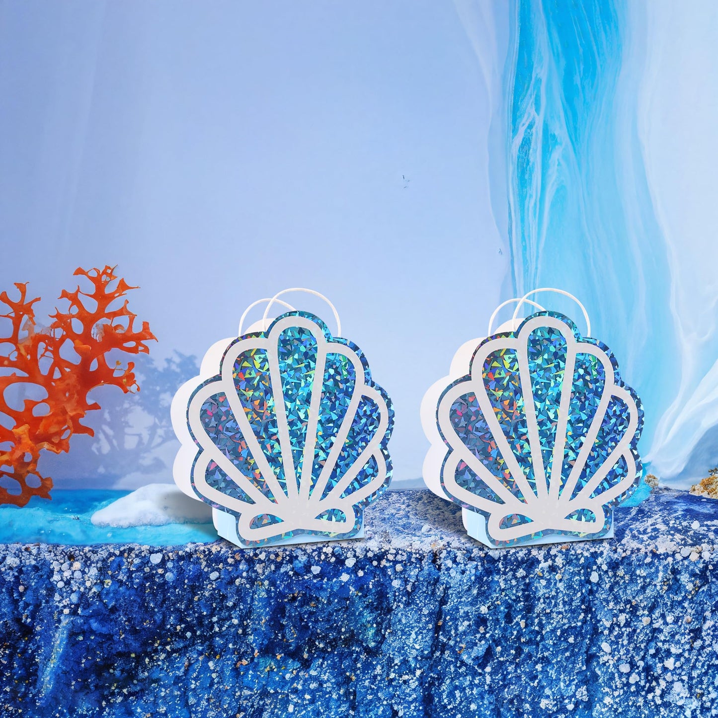 Sariiraw 16 Pack Mermaid Party Favor Bags with Handles, Holographic Seashell Goodie Bags for Under The Sea Theme Party Decorations, Mermaid Birthday, Baby Shower Supplies, 6"x3.1"x9.8"