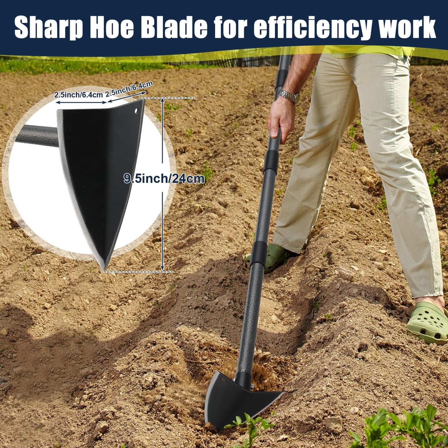 EUIJOIP Extra-Sharp Triangular Hoe - Heavy Duty Gardening & Construction Tool with 15"-60" Adjustable Stainless Steel Pole, Detachable Design for Digging, Weeding, Trenching