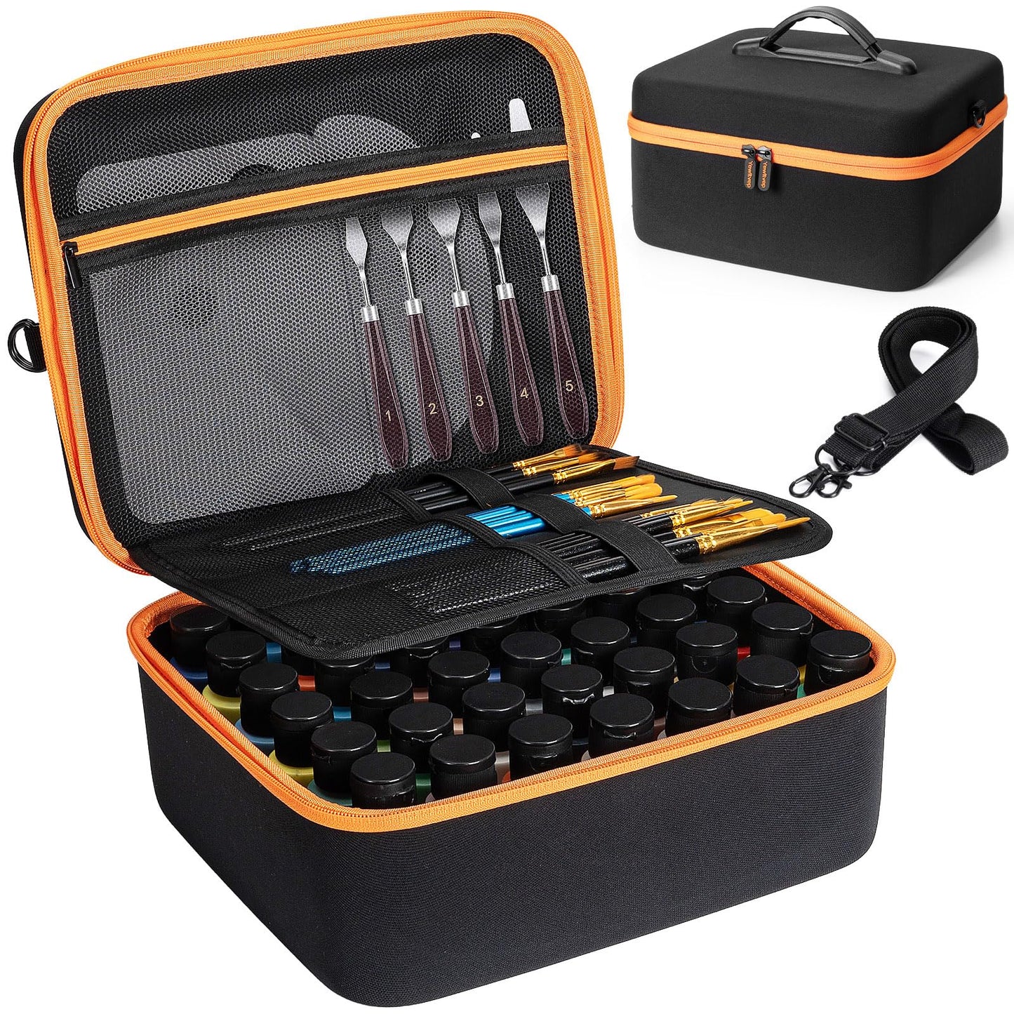 Acrylic Paint Storage Case for 42 Bottles(2 fl oz), Craft Paint Storage Paint Bottle Organizer,Art Supply Storage Hard Paint Box Organizer with Pocket for Paint Brushes,Palette Board & Painting Knives
