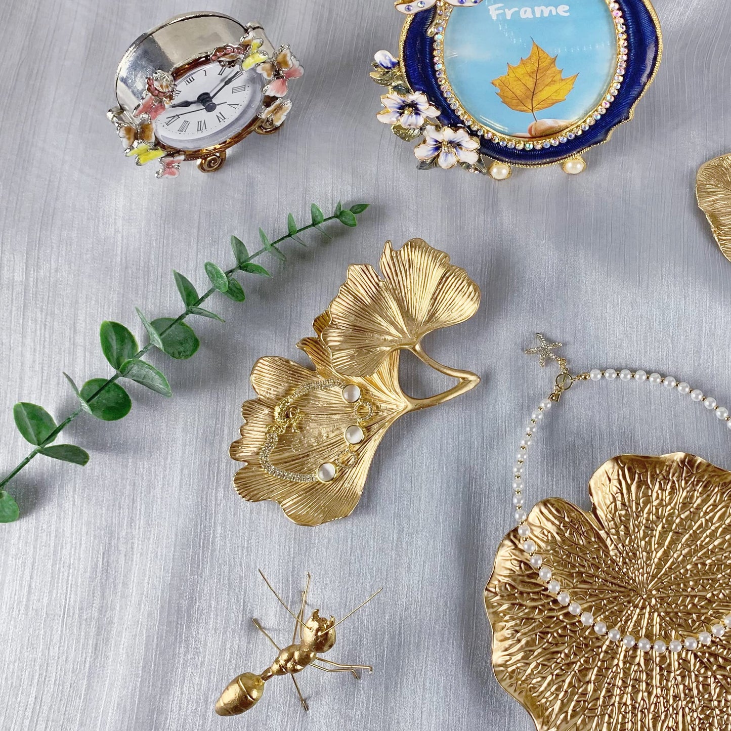 Metal Jewelry Dish, Small Leaf Shaped Ring Holder Jewelry Organizer, Trinket Dish Vanity Tray for Dresser Christmas Birthday Wedding Gifts 2-Tier Ginkgo-Gold