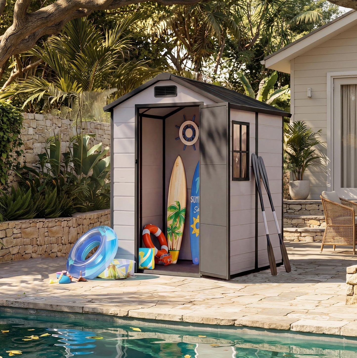 Resin Outdoor Storage Sheds 4x6 ft, Upgraded Double-Wall Outdoor Plastic Shed with Window, Waterproof Lockable Garden Shed for Patio Furniture, Lawn Mower, Bike and Tool Storage